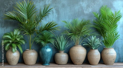 a row of potted plants sitting on top of a wooden floor in front of a blue and green wall.