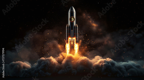 Bitcoin rocket launching with fiery boosters on dark background. Cryptocurrency growth concept