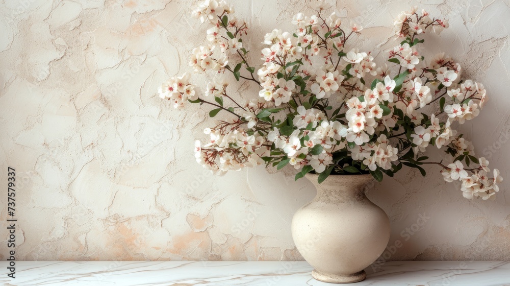 a white vase filled with lots of white flowers on top of a white marble slab of counter top next to a wall.