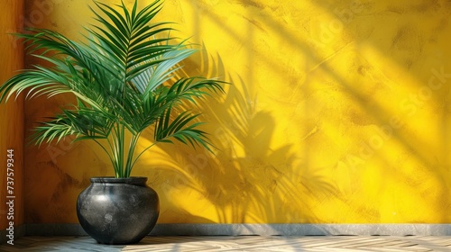 a potted plant sitting in front of a yellow wall with a shadow of a palm tree on the floor.