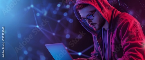 A young, focused hacker-types a cybersecurity breach on a laptop with glowing screens, neon lights shine, depicting a tech-savvy atmosphere, wide panoramic banner with no text