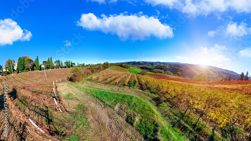 Aerial view of landscape between terraced vineyards of Emilia winegrowing village Valsamoggia in Emilian-Emilian apennines. Italian countryside and famous for barbera wine of Emilia region in Italy. photo