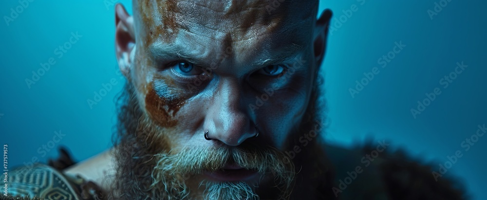 Intense close-up of a bearded man, possibly a warrior, exuding strength and focus Intense close-up of a bearded man, possibly a warrior, exuding strength and focus