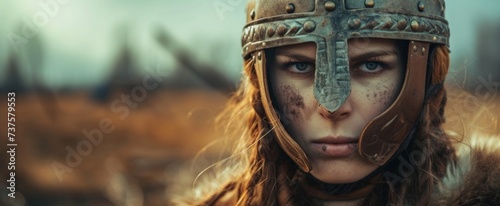 Intense warrior woman in armor stares defiantly, ready for battle, against a blurred natural backdrop, exuding strength and determination