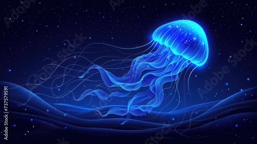 a blue jellyfish floating on top of a body of water under a blue sky filled with stars and clouds.