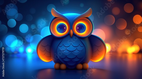 a blue and orange owl sitting on top of a blue floor in front of a bright boke of lights.