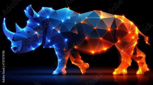 a blue and orange rhino standing next to each other on a black background in low poly polygonic style. photo