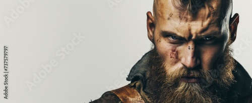 Rugged bearded man with intense gaze, scars, tattoos - embodies strength and resilience, ideal for masculine branding, copy space