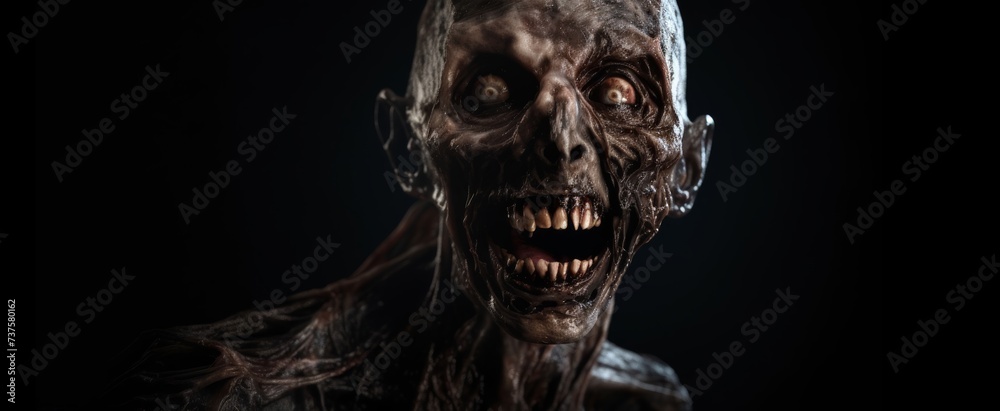 Terrifying zombie portrait with ghoulish features, perfect for horror themes and Halloween promotions, dark background Terrifying zombie portrait with ghoulish features, perfect for horror themes and Halloween promotions, dark background