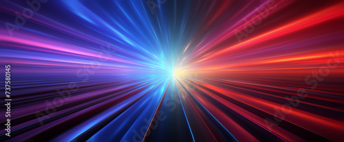 Vibrant abstract background with radiant blue and red light beams converging into a bright central point, suggesting energy and movement