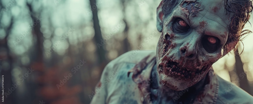 A gory zombie with blood-stained teeth emerges in a forest, evoking horror A gory zombie with blood-stained teeth emerges in a forest, evoking horror