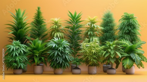 a row of potted plants sitting in front of a yellow wall in front of a row of potted plants.
