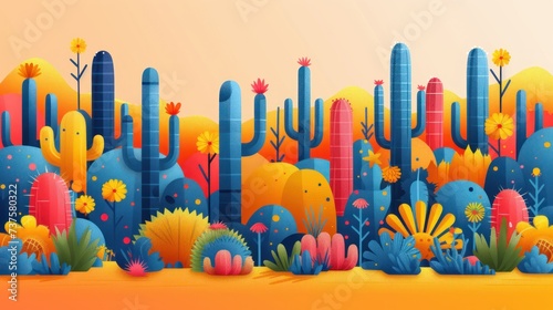 a colorful desert scene with cactus, flowers, and cacti on a yellow and orange background with a place for text.