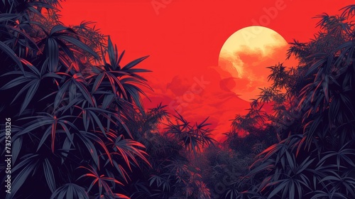 the sun is setting in a red sky over a forest with palm trees and a red moon in the distance.