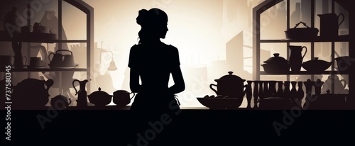 Silhouette of a woman in a cozy kitchen, warm backlight creates a homey ambiance photo