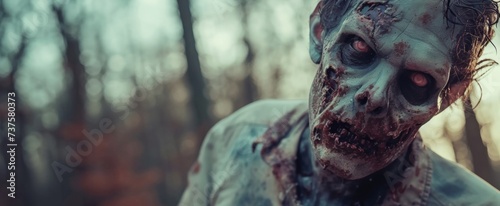 A gory zombie with blood-stained teeth emerges in a forest, evoking horror