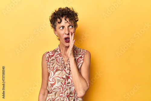 Mid-aged caucasian woman on vibrant yellow is saying a secret hot braking news and looking aside