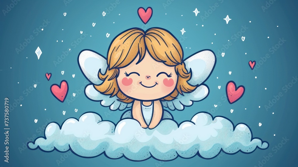 a cute little angel sitting on top of a cloud with hearts on it's wings on a blue background. a cute little angel sitting on top of a cloud with hearts on it's wings on a blue background.