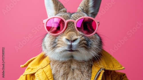 a close up of a rabbit wearing sunglasses and a yellow jacket with pink tinted glasses on it s face.