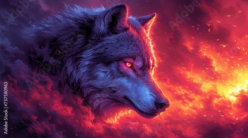 a close up of a wolf's face in front of a fire filled sky with red and orange clouds.