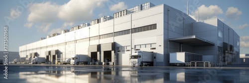 Logistic Hub: Realistic 3D Rendering of a Large Warehouse and Transport Station for Efficient Delivery and Storage Solutions photo