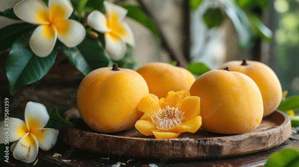 a group of oranges sitting on top of a wooden plate on top of a table next to a flower.