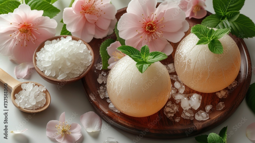 a couple of eggs sitting on top of a wooden plate next to flowers and sea salt on top of a table.