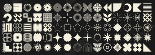 Brutalist geometric shapes, symbols. Simple primitive elements and forms, icons. Retro design, trendy contemporary minimalist style, y2k. Vector illustration.