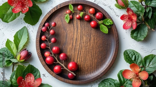 a wooden plate with red berries and green leaves on top of a white surface with red flowers and green leaves around it.