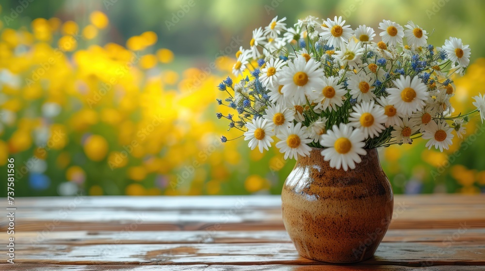 a vase of daisies on a table in front of a field full of yellow and white wildflowers. a vase of daisies on a table in front of a field full of yellow and white wildflowers.