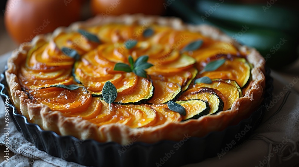 a close up of a pie on a table with oranges and other fruit in the background and a cloth on the table.