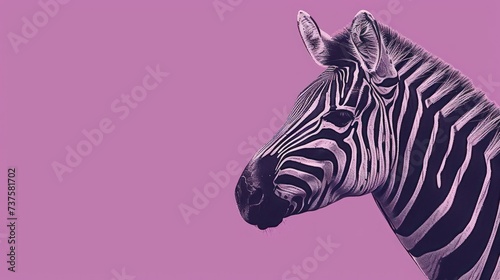 a close up of a zebra s head on a pink background with the words zebra on the left side of the image.