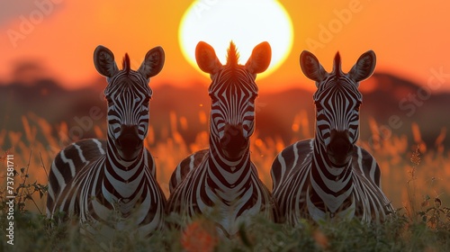 a couple of zebra standing next to each other on a grass covered field in front of a bright orange sun.
