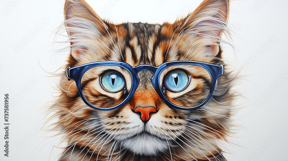 portrait of a cat wearing glasses in colored pencil painting design isolated against white background