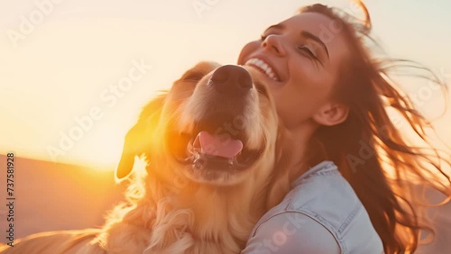 Smiling young woman enjoys a beautiful sunset with her loyal golden retriever, sharing a moment of happiness outdoors photo