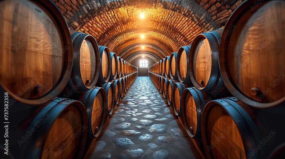 Oak barrels for aging wine in a cellar. Ai generative