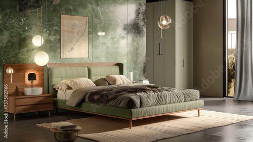Modern glamorous and cozy bedroom with elements of wood, black and green marble, concrete with a king size bed and grey floor illuminated by sunlight