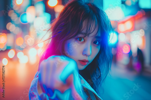 Casual portrait of Korean young girl pointing with finger at camera with neon bokeh city lights as background