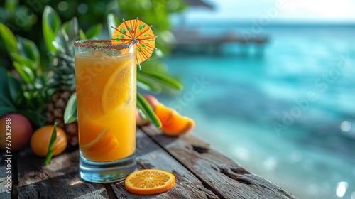 A refreshing summer cocktail adorned with a slice of orange and a decorative umbrella, surrounded by tropical fruits on a beachfront setting with a serene ocean view. Ai generative photo