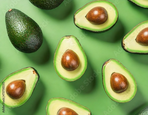 Fresh avocado pattern on a green background flat lay; top view with copy space