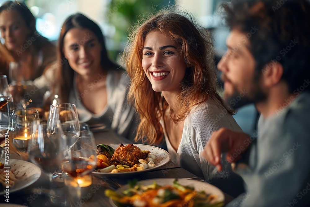 A gathering of friends enjoying a meal together around a table filled with delicious dishes.