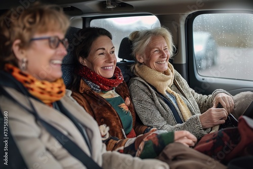 Four mature women wearing war clothing sitting together in the backseat of a car.