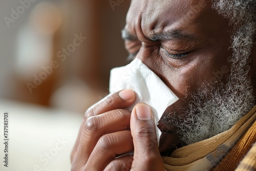 A man is seen blowing his nose with a white tissue. photo