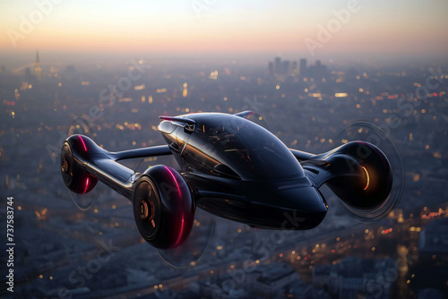 An electric air taxi service vehicle flies over a city at night, blending the boundaries between land and sky.
