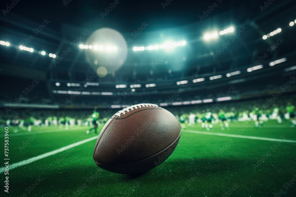 Close-up View of American Football on Field with Stadium Lights Illuminating the Night Game Close-up View of American Football on Field with Stadium Lights Illuminating the Night Game