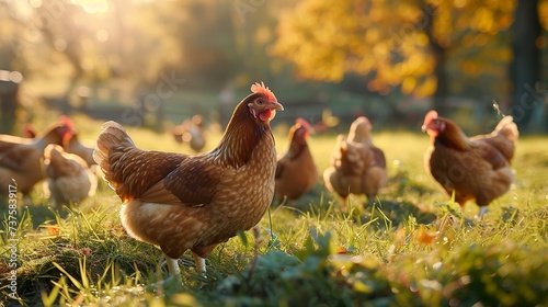 Free-range chickens during on sunrise. Ai generative