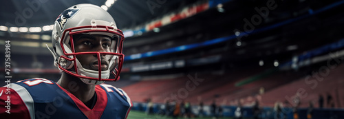 Focused American Football Player Standing in Stadium Before an Important Game. Banner with copy space photo