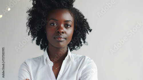 Close up portrait of confident black skin curly business woman in white shirt.