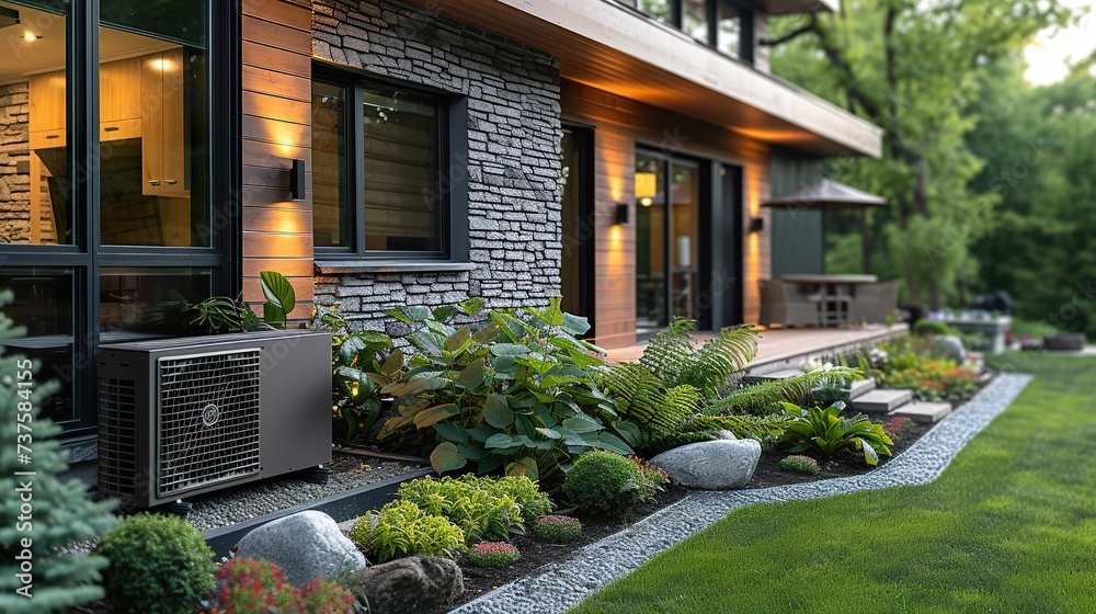 Obraz premium Heat pump installed in a single-family house. Generative A