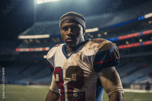 Determined American Football Player Standing in Stadium Under Floodlights on Rainy Evening Game